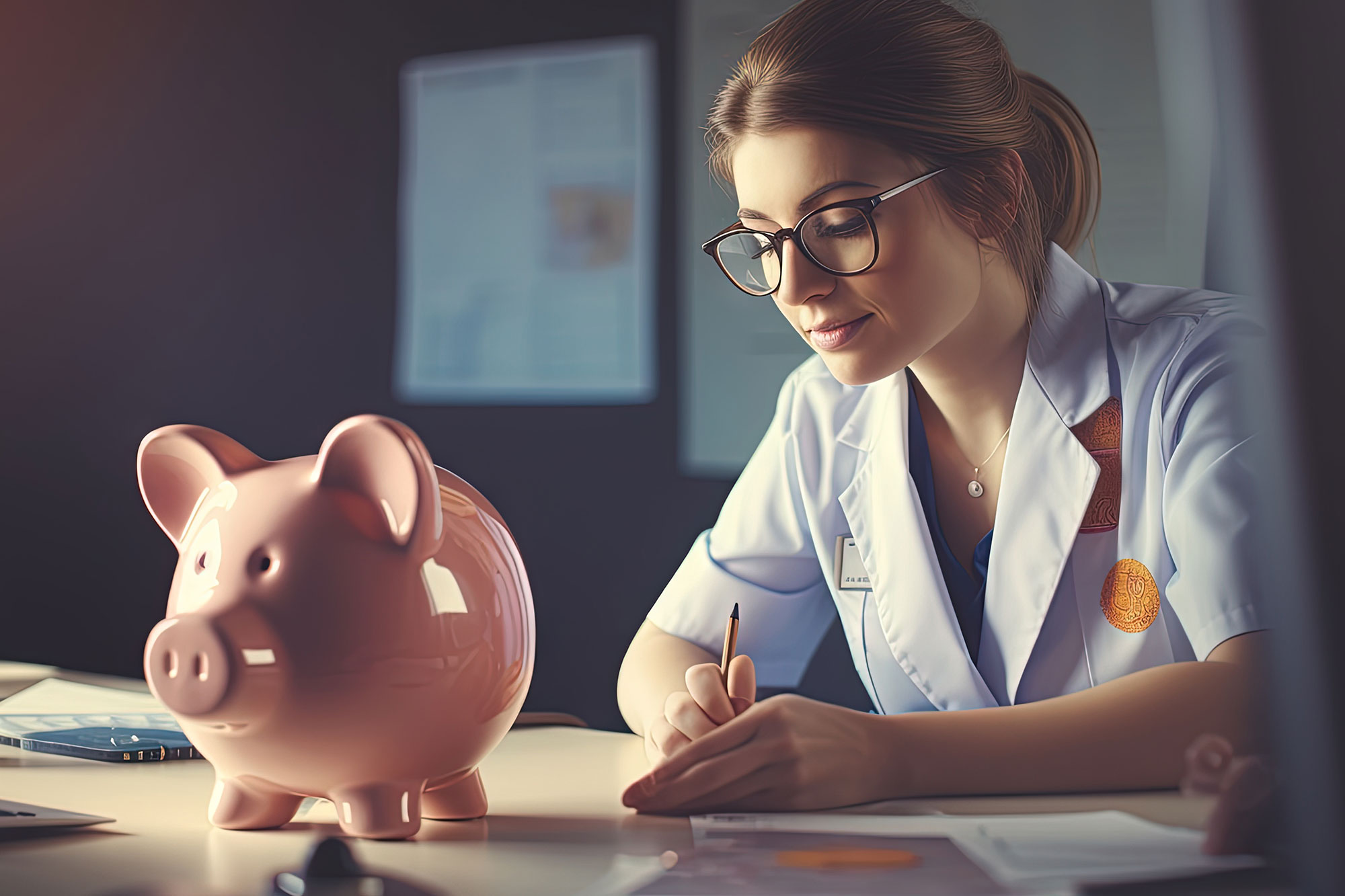 Junge Ärztin arbeitet am Schreibtisch, vor Ihr ein Sparschwein.